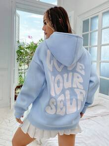 SHEIN MOOSTA Slogan Graphic Drop Shoulder Drawstring Thermal Lined Hoodie LOVE YOURSELF,Long Sleeve Tops Graduation,Back To School Outfits,Graduation,Teacher Outfits For Women,Back To School Pullover Fall Outfit - Baby Blue - View 3