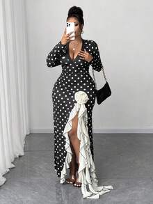 Maweii Completo da donna taglie forti in 2 pezzi: top a maniche lunghe con scollo a V a pois e gonna lunga con volant a contrasto e spacco alto, autunnale - Bianco e nero - Visualizzare 6