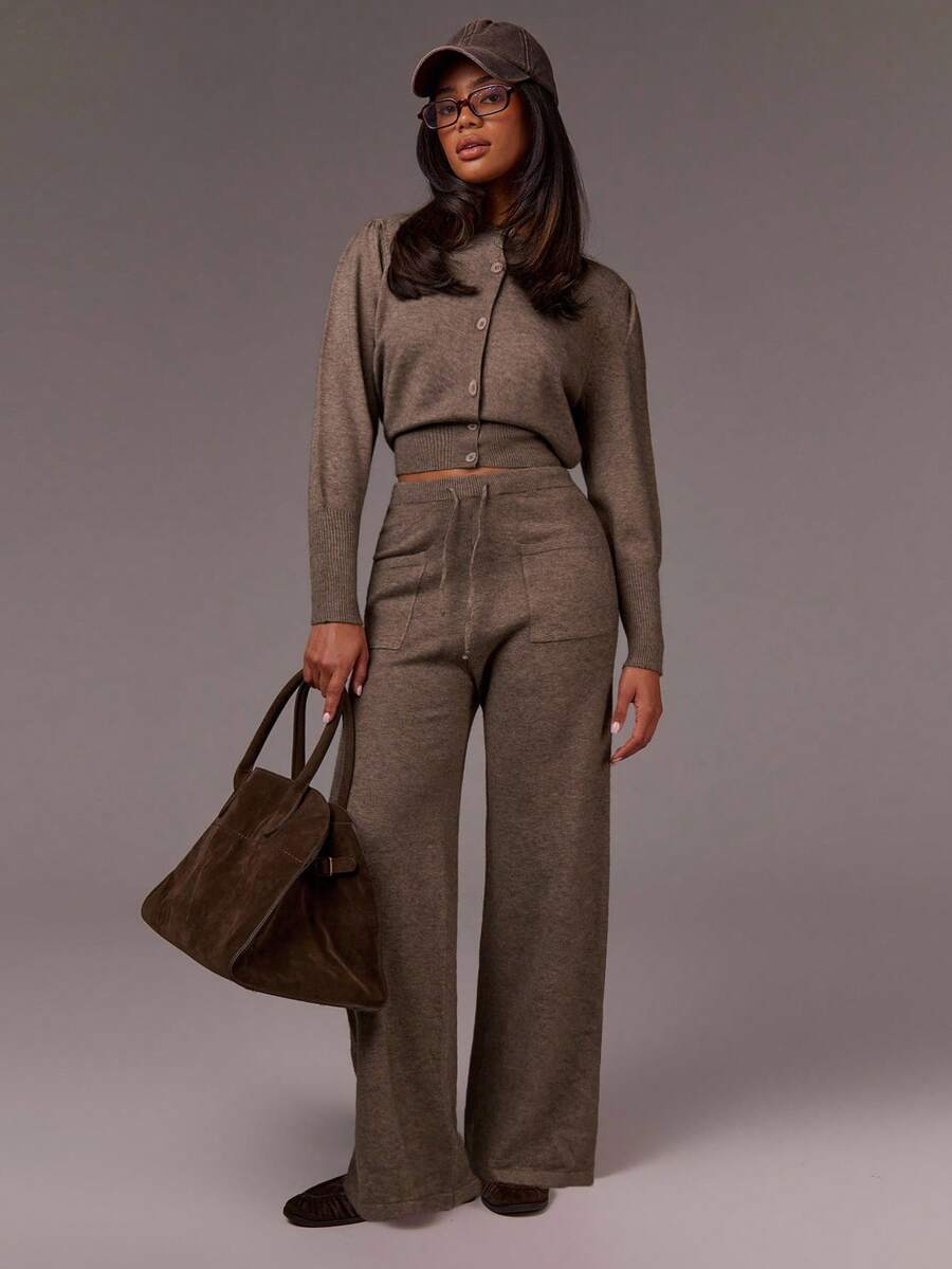 Athîral 女士休闲纯色短款开衫和针织裤两件套，秋冬 - 咖啡棕 - 查看 1