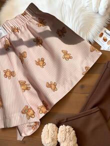 Comfortcana 女式常规休闲条纹卡通熊印花短裤 - 淺粉色 - 查看 4