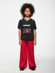 SHEIN Explorewe Tween Boy Black And Red Summer Streetwear Casual Letter Striped V-Neck Short Sleeve T-Shirt And Long Pants Set,School Sports Daily Wear Outfit - Multicolor - View 1