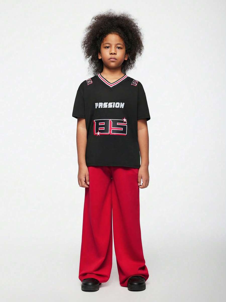 SHEIN Explorewe Tween Boy Black And Red Summer Streetwear Casual Letter Striped V-Neck Short Sleeve T-Shirt And Long Pants Set,School Sports Daily Wear Outfit - Multicolor - View 1