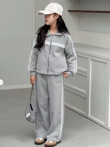 Dazy Kids 女童针织保暖衬里领夹克套装，秋季 - 灰色 - 查看 4