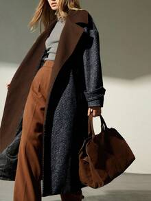 Aveloria Modichic Abrigo largo de mujer con cuello de solapa de color contrastante, decorado con corbata de tela de tweed, estilo francés - Multicolor - Ver 7