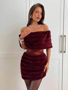 Aloruh Women's Burgundy Autumn Elegant Seksi Chic Night Out Off Shoulder Faux Fur Lace Patchwork Bodycon Mini Birthday Dress,Luxury Evening Party Dresses - Burgundy - View 1