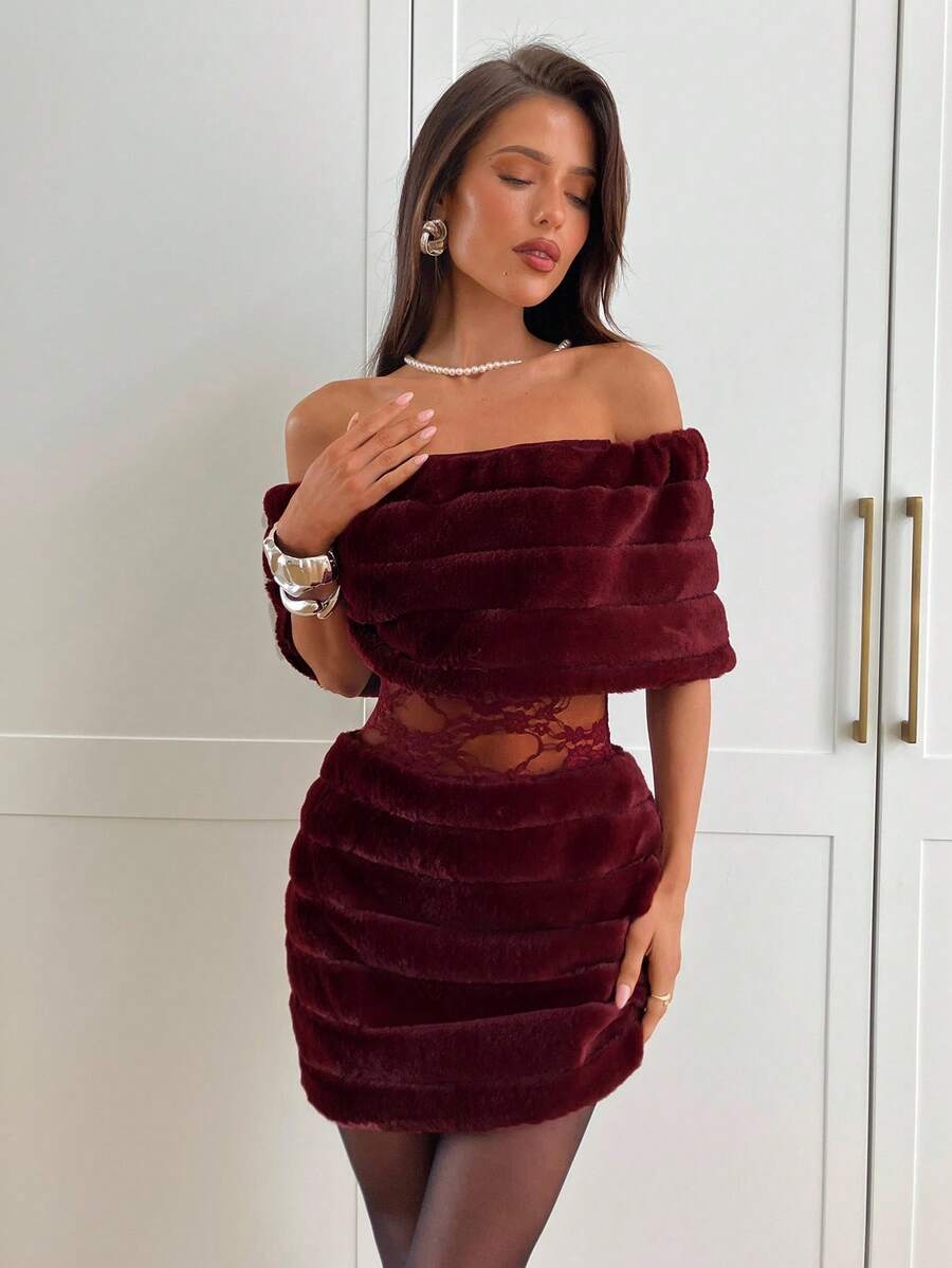 Aloruh Women's Burgundy Autumn Elegant Seksi Chic Night Out Off Shoulder Faux Fur Lace Patchwork Bodycon Mini Birthday Dress,Luxury Evening Party Dresses - Burgundy - View 1