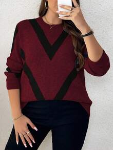 EMERY ROSE 大码女式休闲时尚修身圆领长袖提花针织套头衫，秋冬 - 酒紅色 - 查看 5