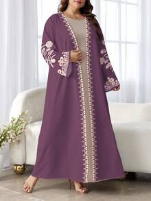 SHEIN Najma Plus Size Women's Floral Print Long Sleeve Casual Arabic Abaya, Spring/Autumn Open Abaya - Multicolor - View 5