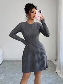 Elenzga Women's Casual Braided Knit A-Line Sweater Dress - Grey - View 6