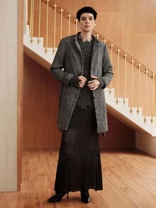 Uhlyne 英伦风秋冬小立领腰带双色厚花呢口袋大衣 - 黑與白 - 查看 8