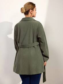 Momelise 大码女式束腰中长款风衣，户外秋冬夹克 - 軍綠色 - 查看 2