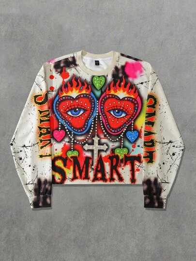 Street Life Men's Retro Graphic Print Loose Cropped Long Sleeve Sweatshirt, Fall