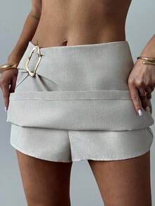 Firerie 女士新款简约优雅时尚通勤金属配饰前裹式亚麻迷你裙