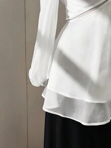 Flirla Plus Size V-Neck Exposed Waist Elegant Sweet Flowing Fashion Blouse - White - View 6