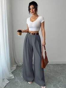 Elenzga 休闲高腰纯色杏色裤裙，优雅款式，适合日常和工作穿着，毕业季，复古音乐节，德比，独立日 - 灰色 - 查看 5