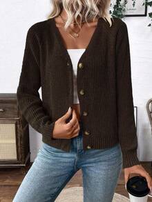 EMERY ROSE Versatile V-Neck Cardigan Sweater, Loose Casual Minimalist Open Front Knit Jacket For Women - Coffee Brown - View 6