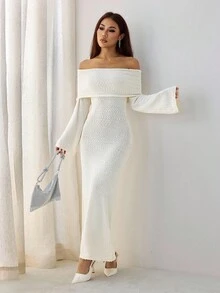 SHEIN PETITE 秋冬聖誕婚禮雞尾酒會正式禮服 女款純色針織露肩長袖洋裝，適合度假、小個子女性 - 白色 - 查看 9