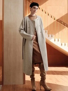 Uhlyne 金属扣环腰带圆领简约欧美风夹克，秋冬新款 - 淺灰色 - 查看 3