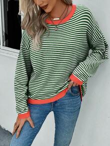 EMERY ROSE Striped Pattern Contrast Trim Drop Shoulder Sweater Autumn Winter Clothes For Women - Green - View 3