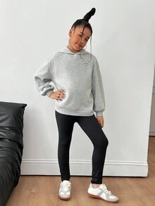 SHEIN 青少年女孩宽松羊毛褶饰后背设计休闲连帽运动衫 + 黑色紧身裤套装 - 灰色 - 查看 4