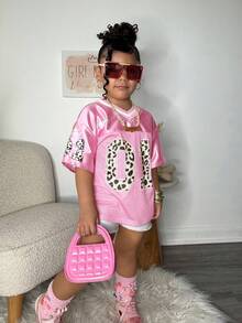 少女宽松V领豹纹字母图案休闲运动T恤 粉色 Y2K - 粉色 - 查看 5