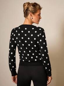 COSMINA 女士休闲波尔卡圆点图案圆领长袖针织开衫，秋季 - 黑與白 - 查看 3