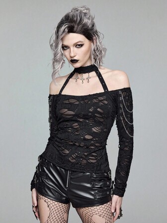 EDITION Maglietta aderente a maniche lunghe con spalle scoperte, catena e tessuto lavorato a maglia strappato, stile gotico