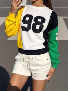 SHEIN MOOSTA Áo nỉ tay dài tay dáng rộng, phối màu, in khẩu hiệu, kiểu dáng mùa thu. - Nhiều màu - Xem 4