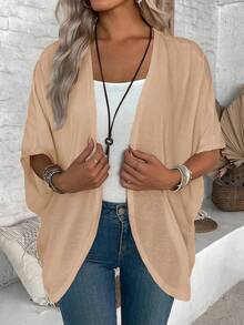 EMERY ROSE 1pc Women's Casual Solid Color Lightweight Windbreaker Jacket,Versatile Spring & Autumn Shrugs Cardigan,Shades Of Brown,Casual,Occasion,Autumn Tops - Khaki - View 5