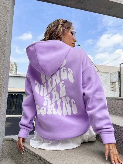 Slogan Graphic Drop Shoulder Drawstring Thermal Lined Hoodie Graduation,Back To School Outfits,Graduation,Teacher Outfits For Women,Back To School Pullover Fall Outfit