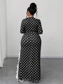 Maweii Completo da donna taglie forti in 2 pezzi: top a maniche lunghe con scollo a V a pois e gonna lunga con volant a contrasto e spacco alto, autunnale - Bianco e nero - Visualizzare 2