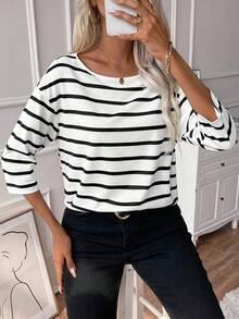 EMERY ROSE Striped Print Drop Shoulder Tee Graphic Tees Women Tops