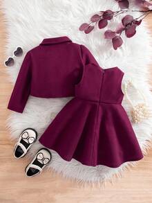 SHEIN 两件套女童优雅紫色无袖连衣裙外套套装，秋冬季 - 中紫紅色 - 查看 12