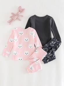 Cozy Pixies Baby Mädchen Kuschel-Fit Pyjama Set, Cartoon Hase & Katze Muster, weicher Strick Rundhals Langarm Top und Hose, Ganzjährig
