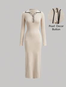 SHEIN MOD Contrast Binding Button Front Slim Fit Long Sweater Dress In Fall/Winter