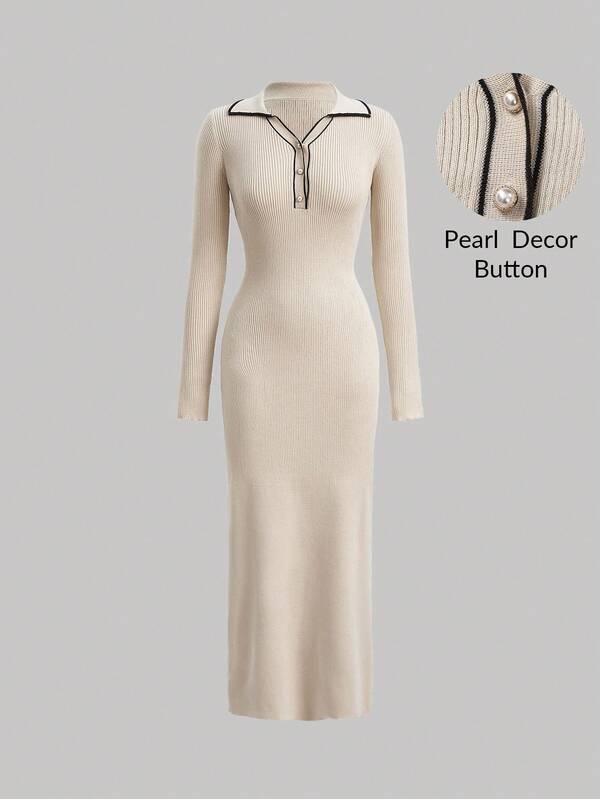 SHEIN MOD Contrast Binding Button Front Slim Fit Long Sweater Dress In Fall/Winter