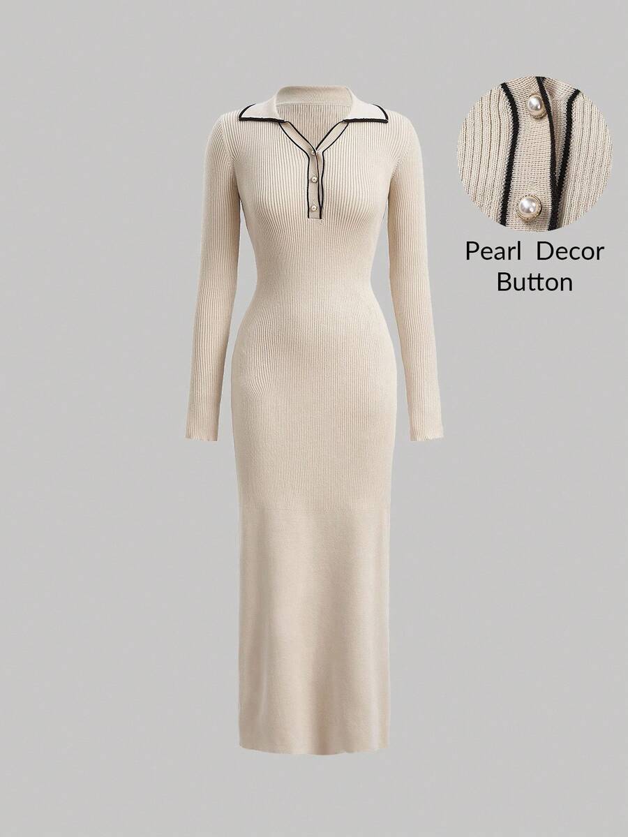 SHEIN MOD Contrast Binding Button Front Slim Fit Long Sweater Dress In Fall/Winter