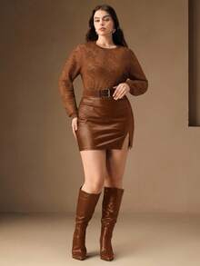 Anewsta Sheer Openwork Knit Round Neck Sweater, Elegant, Chic, Stylish, Suitable For Fall, Winter, New Year, Christmas, Going Out - Coffee Brown - View 7
