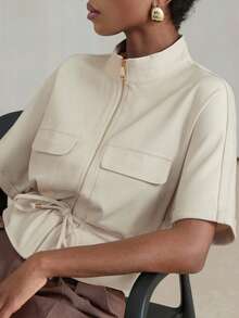 Aveloria Modichic Fashionable Short Utility Shirt, With Two Symmetrical Chest Pockets, Cinched Waist Design, Overall Neat And Practical - Beige - View 6