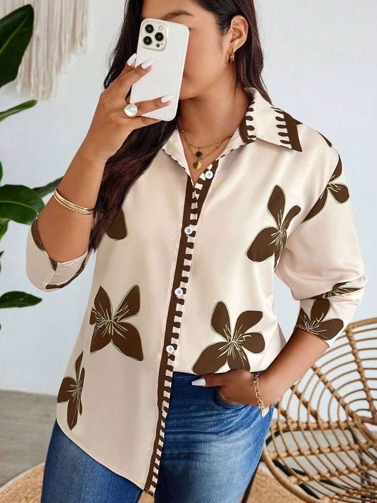 EMERY ROSE Plus Size Casual/Work Floral Print Shirt Fall - Multicolor - View 4