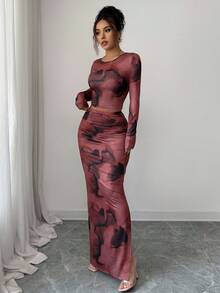 Elenzga 2 件套女士时尚圆领优雅紧身不对称扎染图案长袖 T 恤，紧身扎染图案长裙套装 - 彩色 - 查看 5