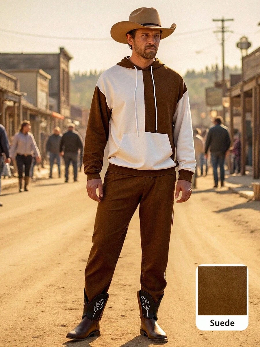 Manfinity Nomadique Men's Contrast Color Pocket Hooded Long Sleeve Sweatshirt And Sweatpants Set, Hoodie And Sweatpants Two Piece Set, Fall Clothes - Brown - View 1