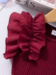 Glamorique Kids 少女盖袖罗纹网眼圆领夏季公主休闲连衣裙（配腰带） - 酒紅色 - 查看 3