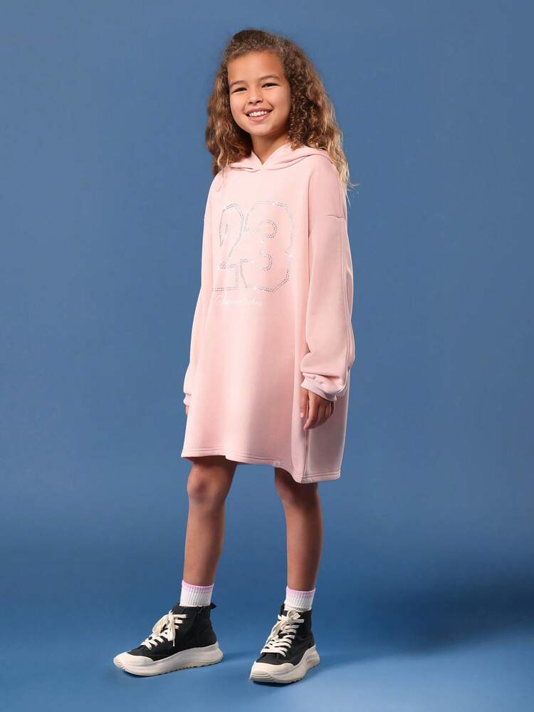 Oversized Pink Hoodie Dress With Rhinestone Print