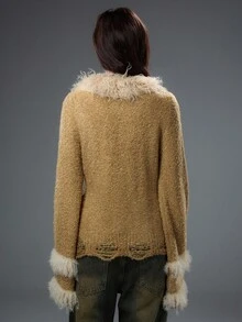 Bloopia 复古性感波西米亚风女秋冬万圣节毛绒领喇叭袖针织开衫 - 卡其色 - 查看 2