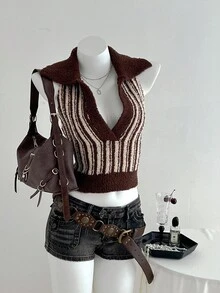 Flirla Pull tricoté à col contrasté décontracté pour femmes, automne/hiver - Multicolore - Voir 2