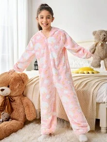 SHEIN Tween Girl Cute Bear Ear Hooded Star & Moon Print Cozy Fleece Pajamas, Pink - Baby Pink - View 4