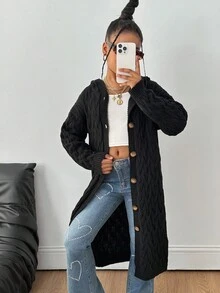 SHEIN 少女款宽松连帽长款开衫毛衣，秋冬季 - 黑色 - 查看 1