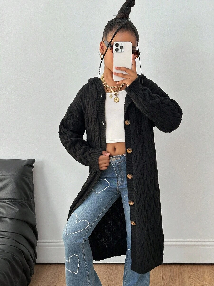 SHEIN 少女款宽松连帽长款开衫毛衣,秋冬季 - 黑色 - 查看 1