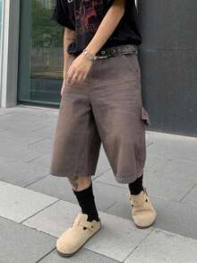 Manfinity EMRG 男士休闲宽松纽扣牛仔短裤 - 棕色 - 查看 7